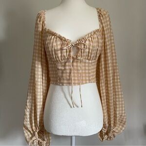Petal & Pup Gingham Plaid Crop Top Bell Sleeves S/M Size 4 Yellow/Tan/White